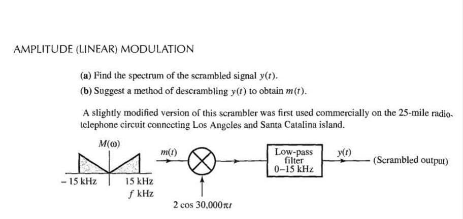 AMPLITUDE (LINEAR) MODULATION
(a) Find the spectrum of the scrambled signal y(1).
(b) Suggest a method of descrambling y(t) to obtain m(t).
A slightly modified version of this scrambler was first used commercially on the 25-mile radio.
telephone circuit connecting Los Angeles and Santa Catalina island.
M(@)
Low-pass
filter
0-15 kHz
m(1)
y(1)
(Scrambled output)
- 15 kHz
15 kHz
f kHz
2 cos 30,000nt
