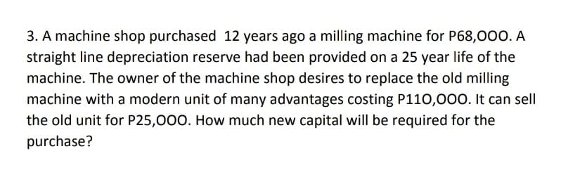 3. A machine shop purchased 12 years ago a milling machine for P68,000. A
straight line depreciation reserve had been provided on a 25 year life of the
machine. The owner of the machine shop desires to replace the old milling
machine with a modern unit of many advantages costing P110,000. It can sell
the old unit for P25,000. How much new capital will be required for the
purchase?
