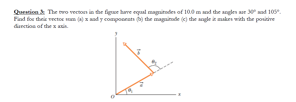 Question 3: The two vectors in the figure have equal magnitudes of 10.0 m and the angles are 30° and 105°.
Find for their vector sum (a) x and y components (b) the magnitude (c) the angle it makes with the positive
direction of the x axis.
