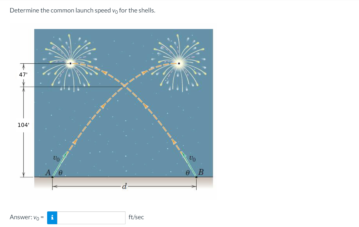 Determine the common launch speed vo for the shells.
47'
104'
Answer: Vo =
i
ft/sec
