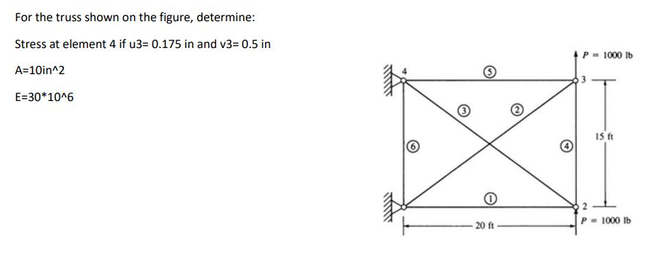 For the truss shown on the figure, determine:
Stress at element 4 if u3= 0.175 in and v3= 0.5 in
A=10in^2
E=30*10^6
3
20 ft
2
4
P = 1000 lb
2
15 ft
P= 1000 lb