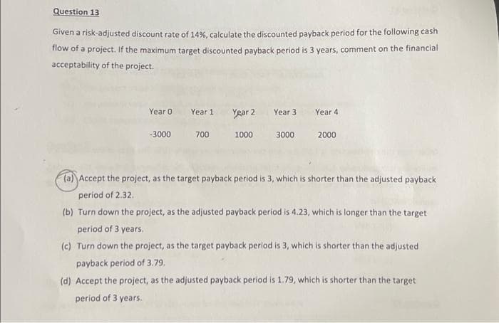 Question 13
Given a risk-adjusted discount rate of 14%, calculate the discounted payback period for the following cash
flow of a project. If the maximum target discounted payback period is 3 years, comment on the financial
acceptability of the project.
Year 0
-3000
Year 1
700
Year 2
Year 3
1000 3000
Year 4
2000
(a) Accept the project, as the target payback period is 3, which is shorter than the adjusted payback
period of 2.32.
(b) Turn down the project, as the adjusted payback period is 4.23, which is longer than the target
period of 3 years.
(c) Turn down the project, as the target payback period is 3, which is shorter than the adjusted
payback period of 3.79.
(d) Accept the project, as the adjusted payback period is 1.79, which is shorter than the target
period of 3 years.