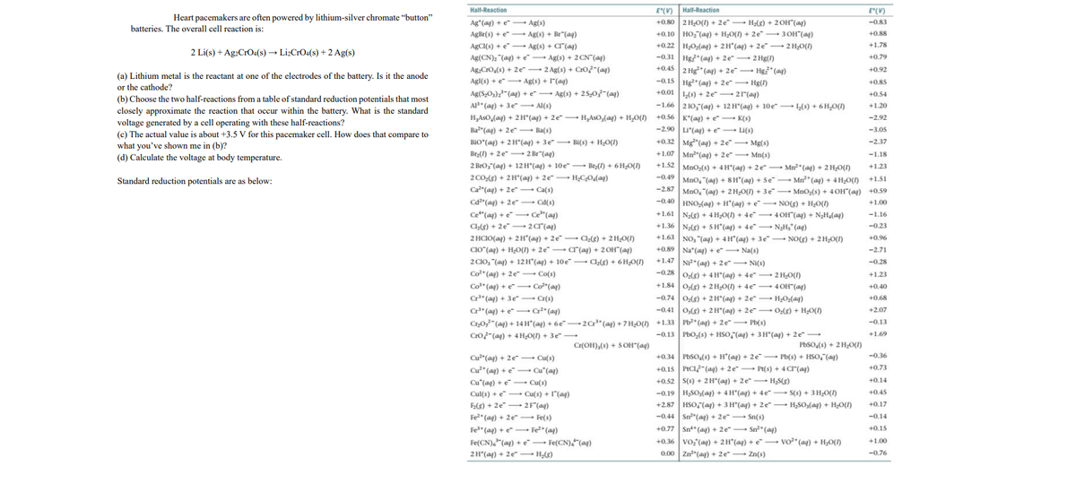 Heart pacemakers are often powered by lithium-silver chromate "button"
batteries. The overall cell reaction is:
2 Li(s) + Ag2CrO4(s) → Li2CrO4(s) + 2 Ag(s)
(a) Lithium metal is the reactant at one of the electrodes of the battery. Is it the anode
or the cathode?
(b) Choose the two half-reactions from a table of standard reduction potentials that most
closely approximate the reaction that occur within the battery. What is the standard
voltage generated by a cell operating with these half-reactions?
(c) The actual value is about +3.5 V for this pacemaker cell. How does that compare to
what you've shown me in (b)?
(d) Calculate the voltage at body temperature.
Standard reduction potentials are as below:
Half-Reaction
Agt (aq) + e Ag(s)
AgBr(s) + ¢* * Ag(s) + Br"(aq)
AgCl(s) + e Ag(s) + Cl(aq)
Ag(CN)₂ (aq) +eAg(s) + 2 CN" (aq)
AgaCrO₂ (s) + 2 e 2 Ag(s) + CrO2(aq)
Agl(s) + e Ag(s) + (aq)
Ag(S₂03)2(aq) +eAg(s) + 2S₂O3(aq)
Al³+ (aq) + 3e Al(s)
H₂AsO₂(aq) + 2H*(aq) + 2e H₂AsO₂(aq) + H₂O(1)
Ba²+ (aq) + 2 e Ba(s)
BIO+ (aq) + 2 H*(aq) + 3 e² → Bi(s) + H₂O(1)
Br₂(1) +2 e 2 Br (aq)
2 Bro, (aq) + 12 H*(aq) + 10 e Br₂(1) + 6H₂O(1)
2 CO₂(g) + 2H(aq) + 2e
H₂C₂O4(aq)
Ca²+ (aq) + 2e
Ca(s)
Cd(s)
Ce³(aq)
Cu²+ (aq) + 2e
Cu²+ (aq) + e
Cu (aq) +
Cd²+ (aq) + 2e
Ce+ (aq) +
Cl₂(g) + 2e- 2 C1 (aq)
2 HCIO(aq) + 2H*(aq) + 2eCl₂(g) + 2 H₂O(1)
CIO (aq) + H₂O(1) + 2e Cl(aq) + 2OH(aq)
2 CIO, (aq) + 12 H(aq) + 10eCl₂(g) + 6H₂O(1)
Co²+ (aq) + 2e
Co(s)
Cot(aq)
Cost(aq) +ẽ
+1.84 O₂(g) + 2H₂O(l) + 4e¯
Cr³+ (aq) + 3e
Cr(s)
-0.74 O₂(g) + 2H(aq) + 2e →
Cr³+ (aq) + Cr²+ (aq)
-0.41 O₂(g) + 2H*(aq) + 2e
Cr₂O₂(aq) + 14 H(aq) + 6e-2 Cr³+ (aq) +7H₂O() +1.33 Pb²+ (aq) + 2e Pb(s)
CrO2(aq) + 4H₂O(1) + 3e-
-0.13 PbO₂(s) + HSO (aq) + 3H*(aq) + 2 e
Cr(OH),(s) + 5OH(aq)
Cu(s)
Cu* (aq)
Cu(s)
Cu(s) + (aq)
Cul(s) +
F₂(g) + 2e2F (aq)
Fe²+ (aq) + 2e
Fe(s)
Fe³+ (aq) + e
Fe²+ (aq)
Fe(CN) (aq) + e Fe(CN),(aq)
2H*(aq) + 2e
E° (V)
Half-Reaction
+0.80 2 H₂O(1) + 2e H₂(g) + 2OH(aq)
+0.10 HO₂ (aq) + H₂O(1) + 2e3OH(aq)
+0.22 H₂O₂(aq) + 2H*(aq) + 2e-2H₂O(1)
-0.31 Hg (aq) + 2e-2 Hg(1)
+0.45 2 Hg (aq) + 2e Hg₂+ (aq)
-0.15 Hg2+ (aq) + 2eHg(1)
12₂(s) + 2e ► 21 (aq)
-1.66 210,(aq) + 12 H(aq) + 10 e 1₂(s) + 6H₂O(1)
+0.56 K*(aq) + eK(s)
-2.90 Li*(aq) +eLi(s)
+0.01
H₂(g)
+0.32 Mg (aq) + 2e
Mg(s)
+1.07 Mn²(aq) + 2e"- Mn(s)
+1.52 MnO₂(s) + 4H(aq) + 2e →→→Mn²+ (aq) + 2 H₂O(1)
-0.49
MnO, (aq) + 8H(aq) + Se
Mn² (aq) + 4H₂O(1)
-2.87
-0.40
MnO₂ (aq) + 2H₂O(l) + 3e
MnO₂(s) + 4 OH(aq)
HNO₂(aq) + H(aq) + e NO(g) + H₂O(l)
+1.61 N₂(g) + 4H₂O(1) + 4e4OH(aq) + N₂H₂(aq)
+1.36 N₂(g) + 5H(aq) + 4e N₂H₂ (aq)
NO(g) + 2H₂O(1)
+1.63 NO₂ (aq) + 4H(aq) + 3e
+0.89 Na (aq) + e- Na(s)
+1.47
-0.28
Ni²+ (aq) + 2e → Ni(s)
O₂(g) + 4H(aq) + 4e-2 H₂O(1)
4 OH(aq)
H₂O₂(aq)
O₂(g) + H₂O(1)
PbSO4(s) + 2 H₂O(1)
+0.34
+0.15 PIC12(aq) + 2e
+0.52 S(s) + 2H(aq) + 2e
PbSO4(s) + H(aq) + 2e Pb(s) + HSO₂ (aq)
Pt(s) + 4 Cl(aq)
H₂S(g)
-0.19 H₂SO₂(aq) + 4H*(aq) + 4e¯S(s) + 3H₂O(1)
H₂SO3(aq) + H₂O(1)
+2.87 HSO (aq) + 3 H*(aq) + 2e
-0.44 Sn²(aq) + 2e-Sn(s)
+0.77 Sn (aq) + 2e
Sn²+ (aq)
+0.36 VO₂ (aq) + 2H(aq) + e- VO²+ (aq) + H₂O(1)
0.00 Zn²(aq) + 2e-Zn(s)
E°(V)
-0.83
+0.88
+1.78
+0.79
+0.92
+0.85
+0.54
+1.20
-2.92
-3.05
-2.37
-1.18
+1.23
+1.51
+0.59
+1.00
-1.16
-0.23
+0.96
-2.71
-0.28
+1.23
+0.40
+0.68
+2.07
-0.13
+1.69
-0.36
+0.73
+0.14
+0.45
+0.17
-0.14
+0.15
+1.00
-0.76