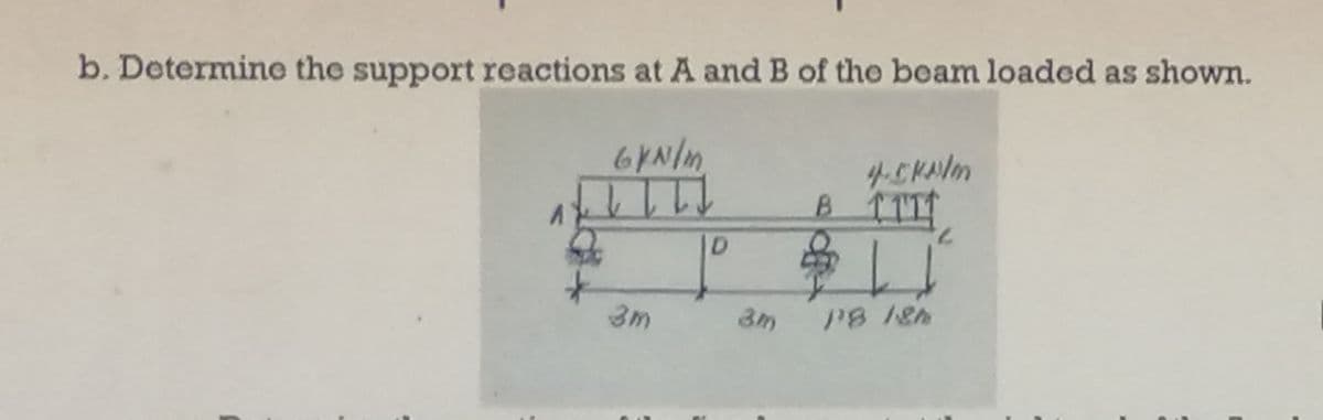 b. Determine the support reactions at A and B of the beam loaded as shown.
6kN/m
L L LJ
3m
D
3m
4-5 kulm
B TTIT
18 18h
L