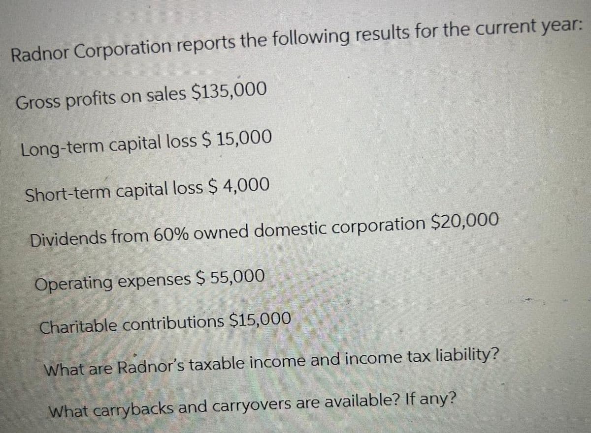 Radnor Corporation reports the following results for the current year:
Gross profits on sales $135,000
Long-term capital loss $ 15,000
Short-term capital loss $4,000
Dividends from 60% owned domestic corporation $20,000
Operating expenses $ 55,000
Charitable contributions $15,000
What are Radnor's taxable income and income tax liability?
What carrybacks and carryovers are available? If any?