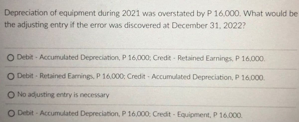 Depreciation of equipment during 2021 was overstated by P 16,000. What would be
the adjusting entry if the error was discovered at December 31, 2022?
O Debit - Accumulated Depreciation, P 16,000; Credit Retained Earnings, P 16,000.
O Debit - Retained Earnings, P 16,000; Credit Accumulated Depreciation, P 16,000.
O No adjusting entry is necessary
O Debit - Accumulated Depreciation, P 16,000; Credit Equipment, P 16,000.
