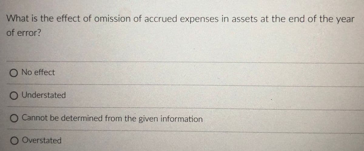 What is the effect of omission of accrued expenses in assets at the end of the year
of error?
O No effect
O Understated
O Cannot be determined from the given information
O Overstated
