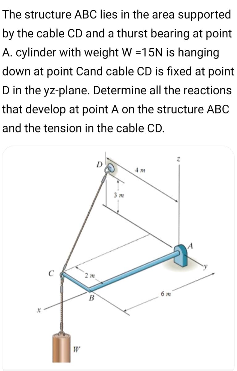 The structure ABC lies in the area supported
by the cable CD and a thurst bearing at point
A. cylinder with weight W =15N is hanging
down at point Cand cable CD is fixed at point
D in the yz-plane. Determine all the reactions
that develop at point A on the structure ABC
and the tension in the cable CD.
D
4 m
3 т
2 m
6 m
В
W
