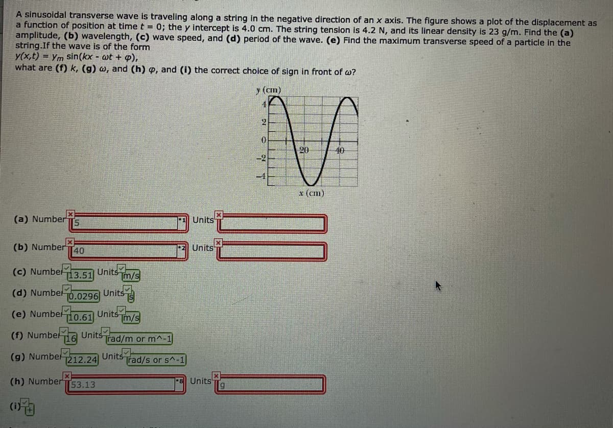 A sinusoidal transverse wave is traveling along a string in the negative direction of an x axis. The figure shows a plot of the displacement as
a function of position at time t = 0; the y intercept is 4.0 cm. The string tension is 4.2 N, and its linear density is 23 g/m. Find the (a)
amplitude, (b) wavelength, (c) wave speed, and (d) period of the wave. (e) Find the maximum transverse speed of a particle in the
string.If the wave is of the form
y(x,t) = Ym sin(kx - wt + p),
what are (f) k, (g) w, and (h) p, and (i) the correct choice of sign in front of w?
y (cm)
20
40
-2-
x (cm)
(a) Number
Units
(b) NumberT40
Units
(c) Numbel3 51 Units
Tm/s
(d) Numbel
T0.0296
Units
(e) Numbel
T10.61
Units
Tm/s
(f) Number6 Units rad/m or m^-1
T16
(g) Numbe
T212.24
Units
Trad/s or s^-1
(h) NumberT53.13
Units'
