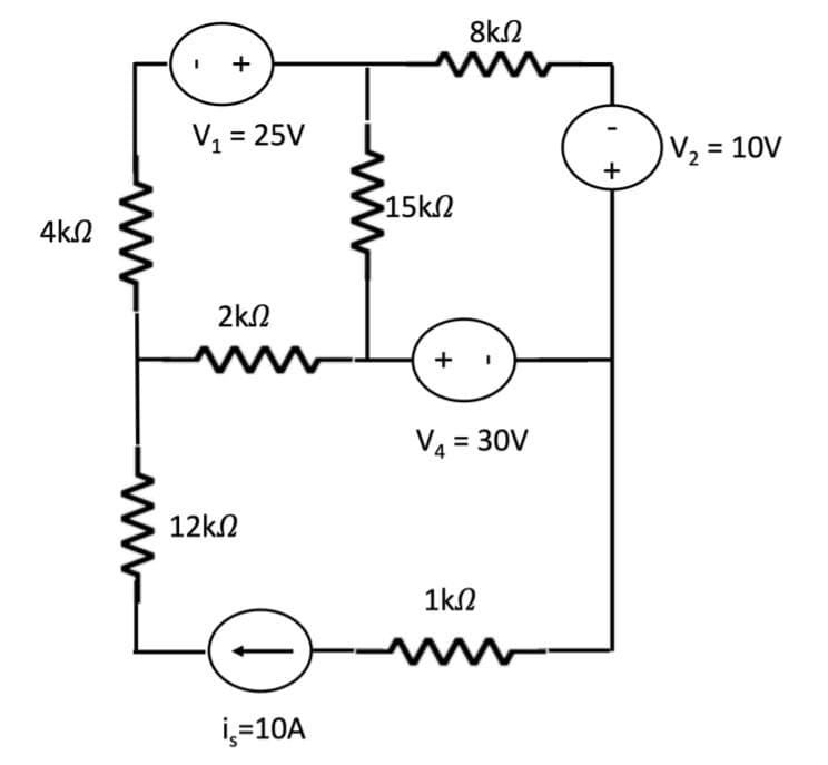 8kN
www
V = 25V
V2 = 10V
15k2
4k2
2kN
= 30V
%3D
12kN
1kN
İ=10A
