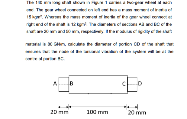 The 140 mm long shaft shown in Figure 1 carries a two-gear wheel at each
end. The gear wheel connected on left end has a mass moment of inertia of
15 kgm?. Whereas the mass moment of inertia of the gear wheel connect at
right end of the shaft is 12 kgm?. The diameters of sections AB and BC of the
shaft are 20 mm and 50 mm, respectively. If the modulus of rigidity of the shaft
material is 80 GN/m, calculate the diameter of portion CD of the shaft that
ensures that the node of the torsional vibration of the system will be at the
centre of portion Bc.
A
20 mm
100 mm
20 mm
