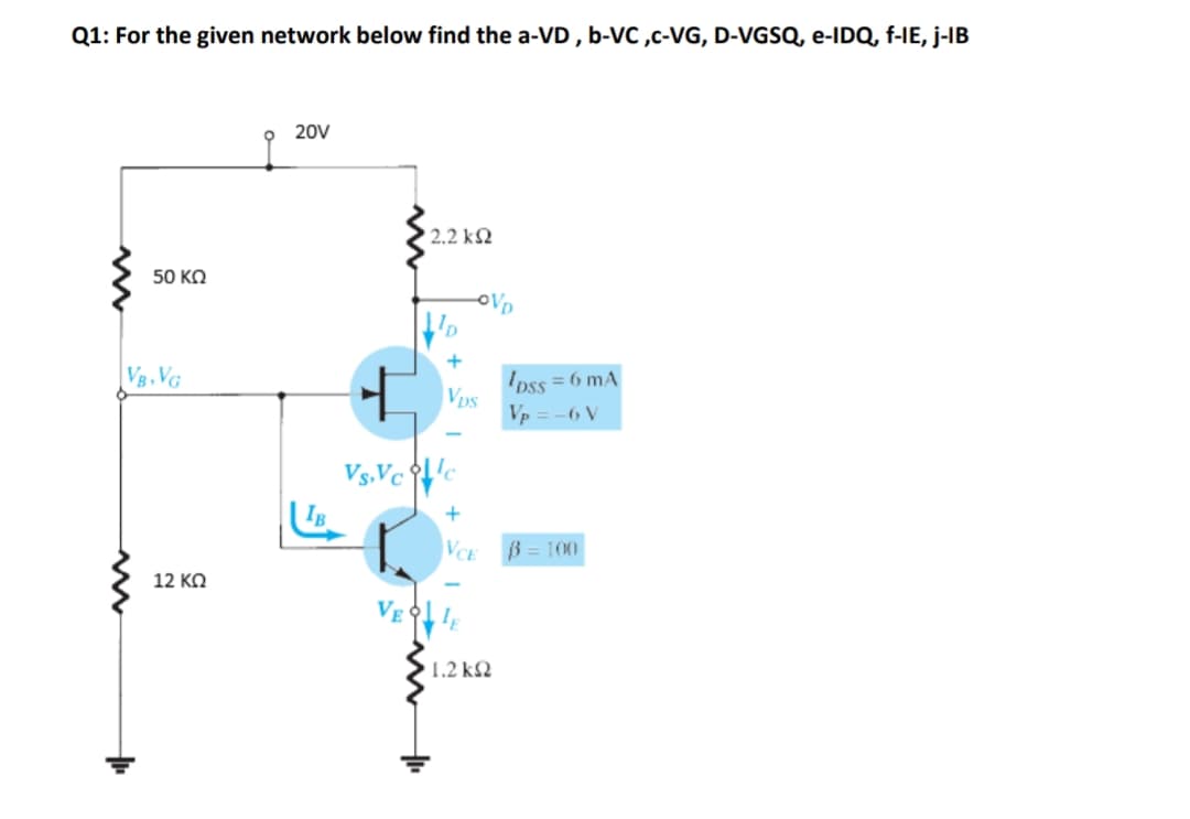 Q1: For the given network below find the a-VD, b-VC ,c-VG, D-VGSQ, e-IDQ, f-IE, j-IB
20V
2.2 kΩ
50 KO
OVD
+
Ipss = 6 mA
VpS
Vp = -6 V
VB,VG
Vs.Vc !c
VCE
B = 100
12 KO
VEE
1.2 k2
