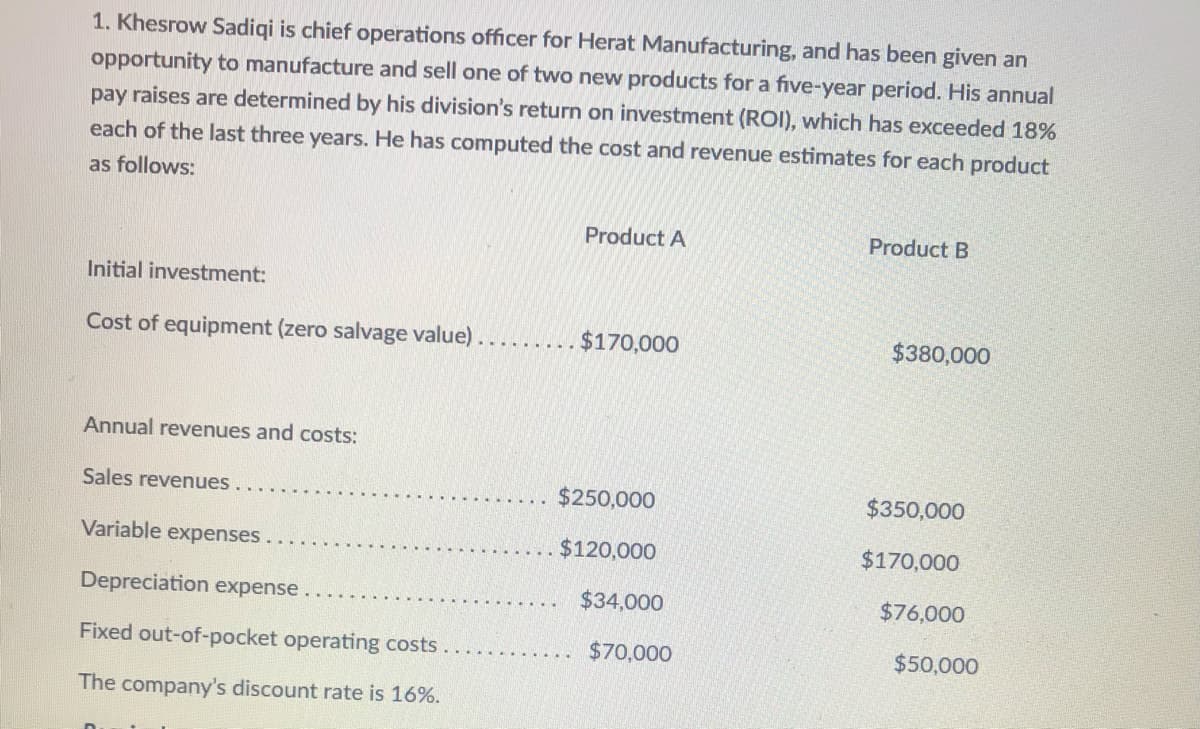 1. Khesrow Sadiqi is chief operations officer for Herat Manufacturing, and has been given an
opportunity to manufacture and sell one of two new products for a five-year period. His annual
pay raises are determined by his division's return on investment (ROI), which has exceeded 18%
each of the last three years. He has computed the cost and revenue estimates for each product
as follows:
Product A
Product B
Initial investment:
Cost of equipment (zero salvage value).
$170,000
$380,000
Annual revenues and costs:
Sales revenues
$250,000
$350,000
Variable expenses.
$120,000
$170,000
Depreciation expense
$34,000
$76,000
Fixed out-of-pocket operating costs
$70,000
$50,000
The company's discount rate is 16%.

