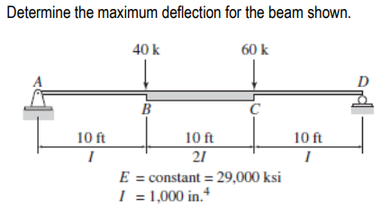 Determine the maximum deflection for the beam shown.
40 k
60 k
B
с
10 ft
10 ft
10 ft
I
21
I
E = constant = 29,000 ksi
I = 1,000 in.*