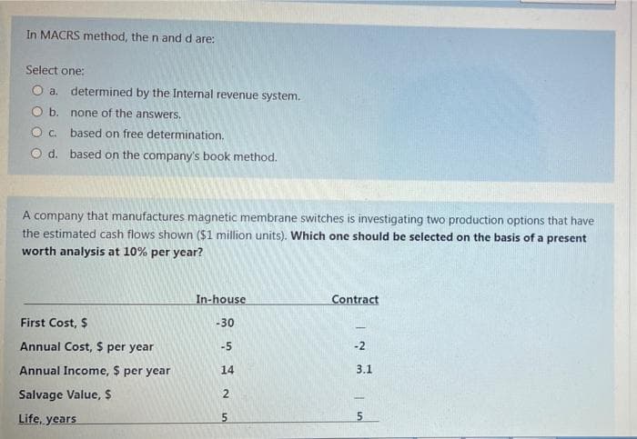 In MACRS method, the n and d are:
Select one:
O a. determined by the Internal revenue system.
O b. none of the answers.
Oc.
based on free determination.
O d. based on the company's book method.
A company that manufactures magnetic membrane switches is investigating two production options that have
the estimated cash flows shown ($1 million units). Which one should be selected on the basis of a present
worth analysis at 10% per year?
In-house
Contract
First Cost, $
-30
Annual Cost, $ per year
-5
-2
Annual Income, $ per year
14
3.1
Salvage Value, $
Life, years
5.
