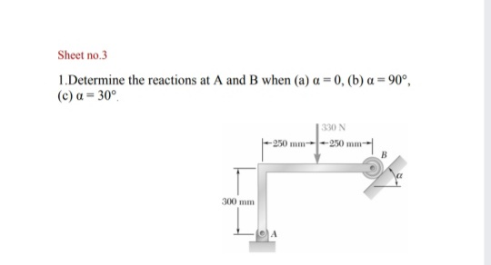 Sheet no.3
1.Determine the reactions at A and B when (a) a = 0, (b) a = 90°,
(c) a = 30°.
330 N
-250 mm--250 mm-
300 mm
