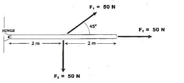 F,
50 N
%3D
45°
HINGE
F, = 50 N
2 m
2 m
F, = 50 N
