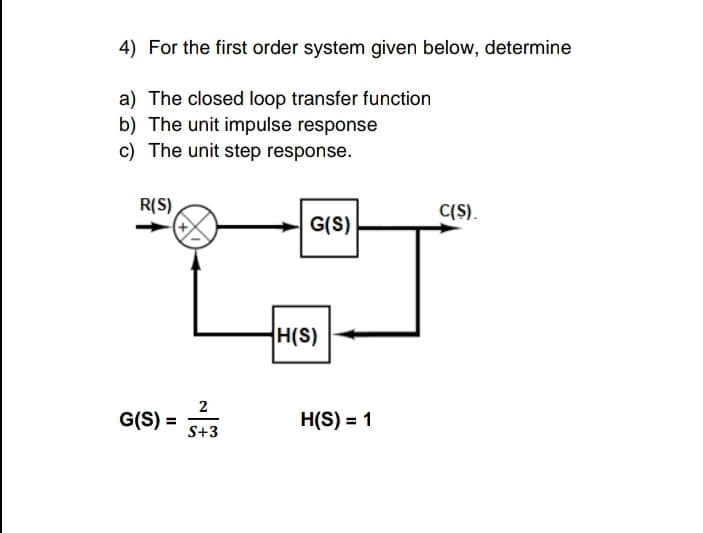 4) For the first order system given below, determine
a) The closed loop transfer function
b) The unit impulse response
c) The unit step response.
R(S)
G(S) =
2
S+3
G(S)
H(S)
H(S) = 1
C(S).