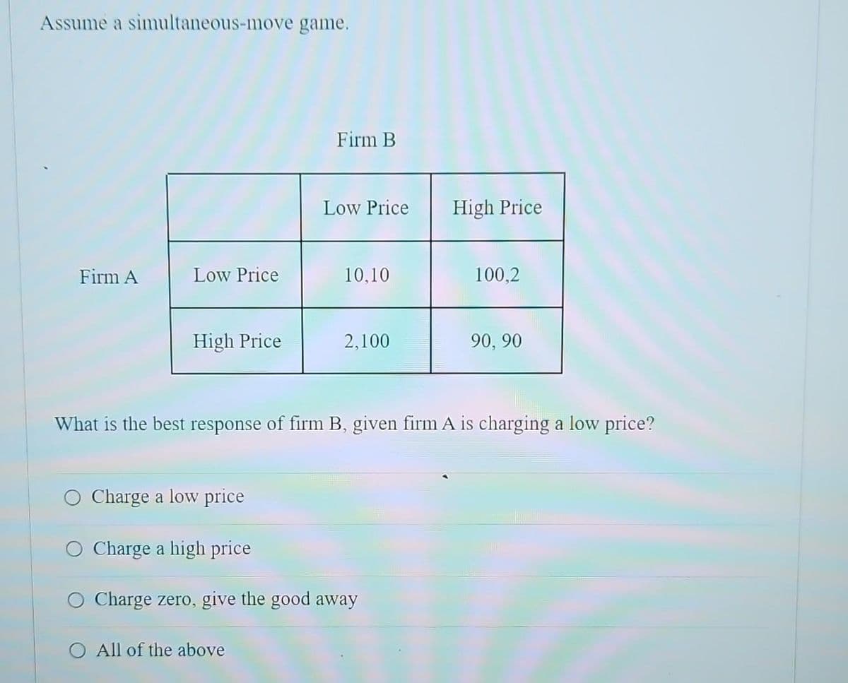 Assume a simultaneous-move game.
Firm A
Low Price
High Price
Charge a low price
O Charge a high price
Firm B
Low Price
O All of the above
10,10
2,100
Charge zero, give the good away
High Price
What is the best response of firm B, given firm A is charging a low price?
100,2
90, 90