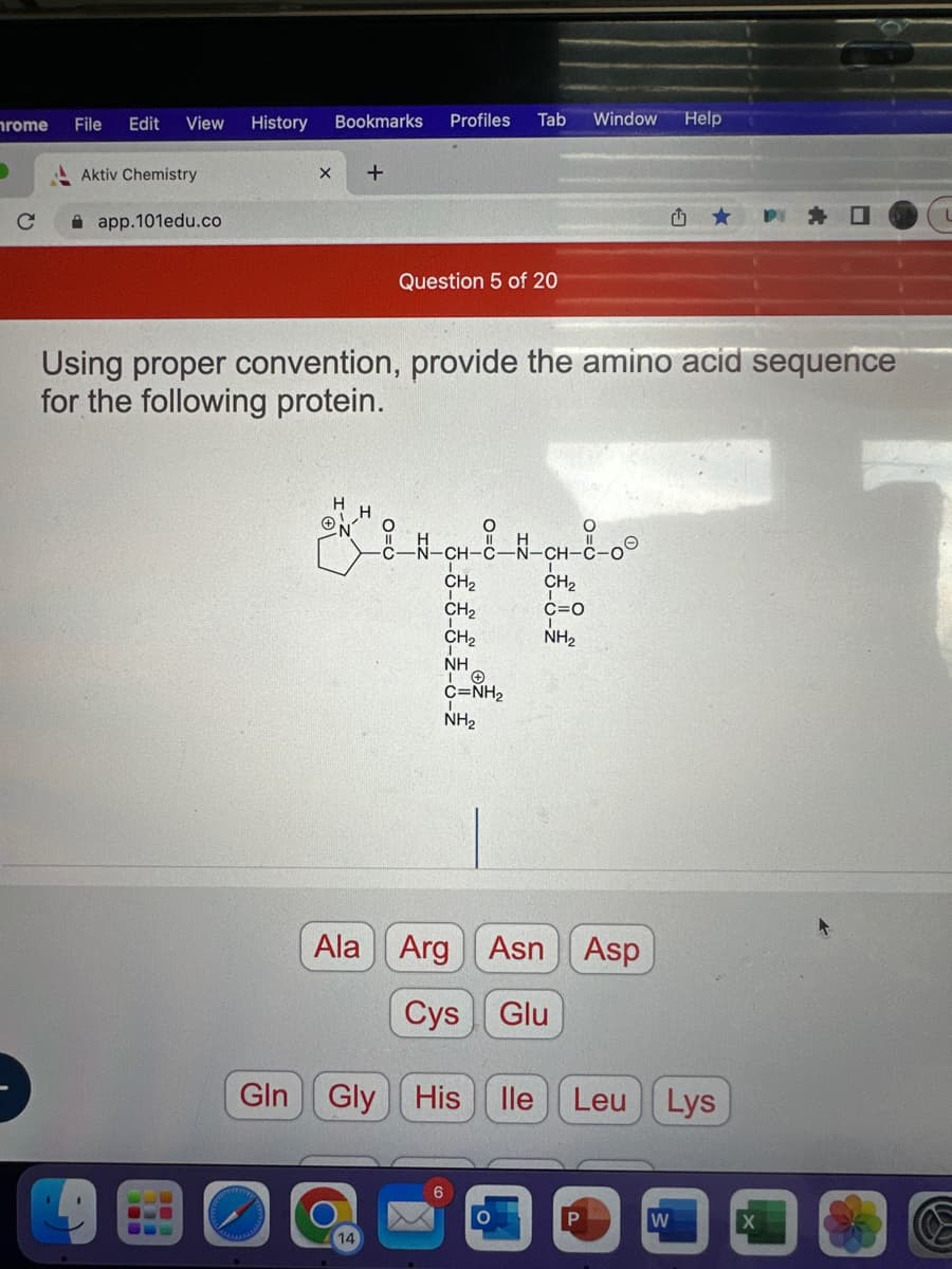 rome
File Edit View History Bookmarks
Aktiv Chemistry
app.101edu.co
X +
Gln
Profiles Tab Window Help
Using proper convention, provide the amino acid sequence
for the following protein.
O=0
14
Question 5 of 20
N-CH-C-N-CH-C-00
CH₂
C=0
NH₂
CH₂
CH₂
CH₂
NH
10
C=NH2
NH₂
Ala Arg Asn Asp
Cys Glu
Gly His lle Leu Lys
P
PI
W