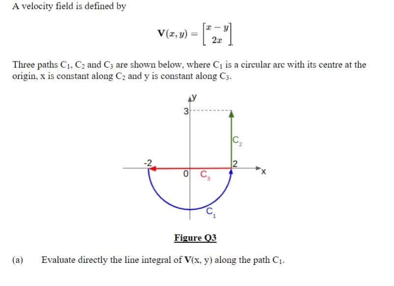 A velocity field is defined by
(a)
V(x, y)
-2
=
Three paths C₁, C₂ and C3 are shown below, where C₁ is a circular are with its centre at the
origin, x is constant along C₂ and y is constant along C3.
3
-
2x
0 C3
C₂
12
X
Figure Q3
Evaluate directly the line integral of V(x, y) along the path C₁.