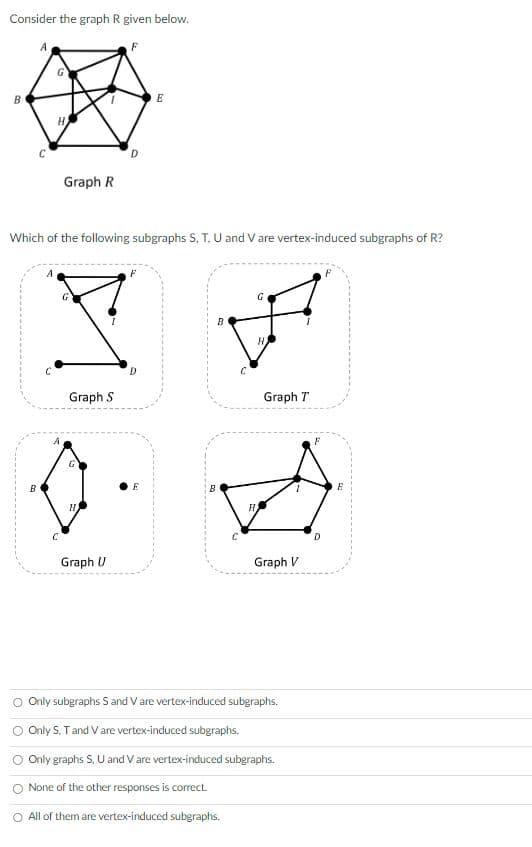 Consider the graph R given below.
B
C
B
H
A
Graph R
Which of the following subgraphs S, T, U and V are vertex-induced subgraphs of R?
રી
Graph S
H
D
Graph U
F
E
D
B
C
H
G
H₂
Graph T
Graph V
Only subgraphs S and V are vertex-induced subgraphs.
Only S. T and V are vertex-induced subgraphs.
O Only graphs S. U and V are vertex-induced subgraphs.
None of the other responses is correct.
O All of them are vertex-induced subgraphs.
F
D
F