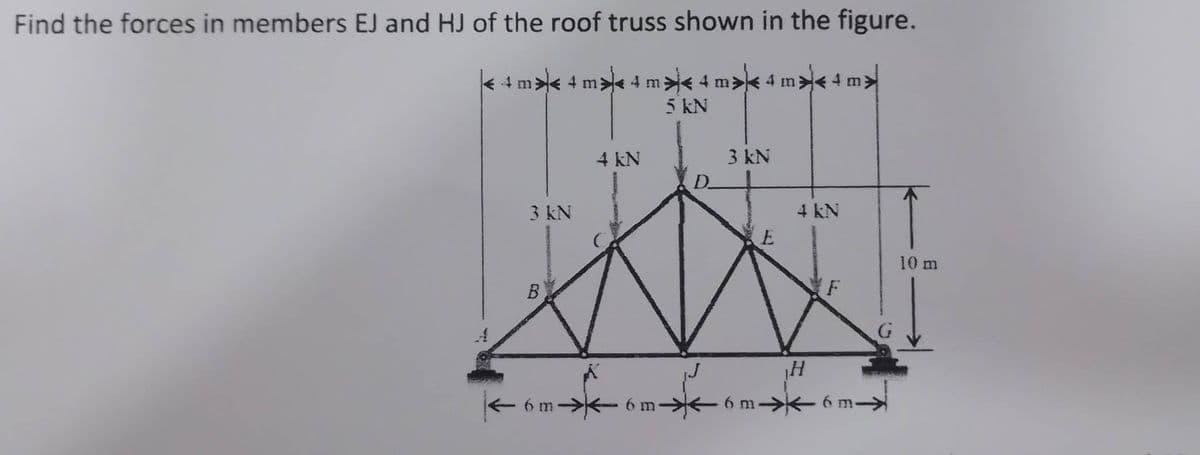 Find the forces in members EJ and HJ of the roof truss shown in the figure.
4m>< 4 m 4 m⇒< 4 m>< 4 m;
5 kN
3 kN
B
← 6 m
·6
4 kN
m→ 6 m-
3 kN
F
6 m-
4 KN
H
63-
10 m