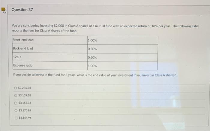 Question 37
You are considering investing $2,000 in Class A shares of a mutual fund with an expected return of 18 % per year. The following table
reports the fees for Class A shares of the fund.
Front-end load
Back-end load
12b-1
O $3,236.94
$3,139.18
1.00%
Expense ratio
If you decide to invest in the fund for 3 years, what is the end value of your investment if you invest in Class A shares?
O $3,155.34
$3.170.89
O $3,154.96
0.50%
0,20%
1.00%