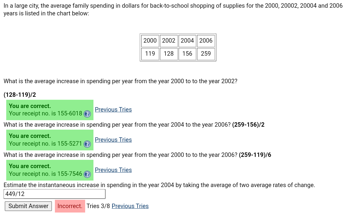 In a large city, the average family spending in dollars for back-to-school shopping of supplies for the 2000, 20002, 20004 and 2006
years is listed in the chart below:
2000 2002 2004 | 2006
119
128
156
259
What is the average increase in spending per year from the year 2000 to to the year 2002?
(128-119)/2
You are correct.
Previous Tries
Your receipt no. is 155-6018 O
What is the average increase in spending per year from the year 2004 to the year 2006? (259-156)/2
You are correct.
Your receipt no. is 155-5271 e
Previous Tries
What is the average increase in spending per year from the year 2000 to to the year 2006? (259-119)/6
You are correct.
Previous Tries
Your receipt no. is 155-7546
Estimate the instantaneous increase in spending in the year 2004 by taking the average of two average rates of change.
449/12
Submit Answer
Incorrect. Tries 3/8 Previous Tries
