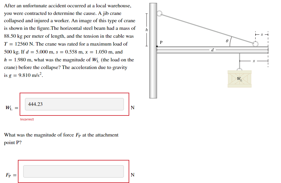 After an unfortunate accident occurred at a local warehouse,
you were contracted to determine the cause. A jib crane
collapsed and injured a worker. An image of this type of crane
is shown in the figure.The horizontal steel beam had a mass of
88.50 kg per meter of length, and the tension in the cable was
T = 12560 N. The crane was rated for a maximum load of
P
500 kg. If d = 5.000 m, s = 0.558 m, x = 1.050 m, and
h = 1.980 m, what was the magnitude of W1 (the load on the
crane) before the collapse? The acceleration due to gravity
is g = 9.810 m/s².
444.23
Wi =
N
Incorrect
What was the magnitude of force Fp at the attachment
point P?
Fp =
N
