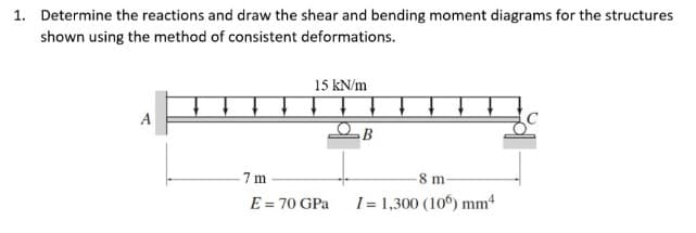 1. Determine the reactions and draw the shear and bending moment diagrams for the structures
shown using the method of consistent deformations.
15 kN/m
A
B
-7 m
-8 m
E = 70 GPa
1 = 1,300 (10°) mm4
