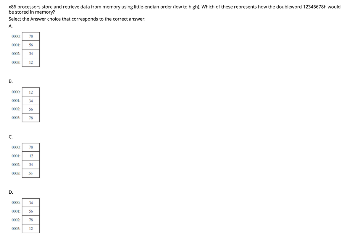 x86 processors store and retrieve data from memory using little-endian order (low to high). Which of these represents how the doubleword 12345678h would
be stored in memory?
Select the Answer choice that corresponds to the correct answer:
A.
0000: 78
0001: 56
0002:
0003: 12
B.
0000:
34
C.
0001: 34
0002: 56
0003:
12
D.
78
0000: 78
0001: 12
0002: 34
0003: 56
0000: 34
0001:
0002: 78
0003: 12
56