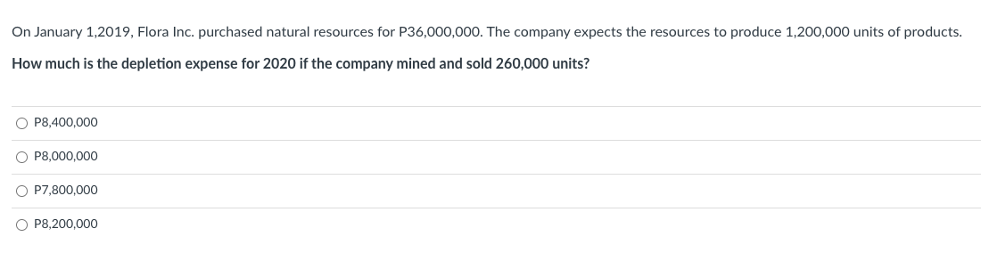 On January 1,2019, Flora Inc. purchased natural resources for P36,000,000. The company expects the resources to produce 1,200,000 units of products.
How much is the depletion expense for 2020 if the company mined and sold 260,000 units?
O P8,400,000
OP8,000,000
O P7,800,000
O P8,200,000