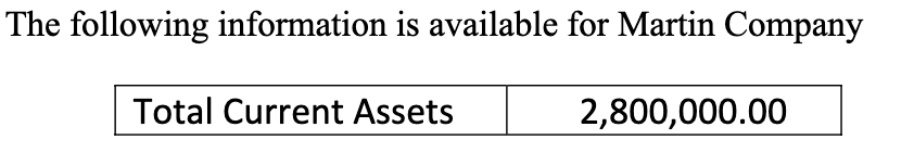 The following information is available for Martin Company
Total Current Assets
2,800,000.00