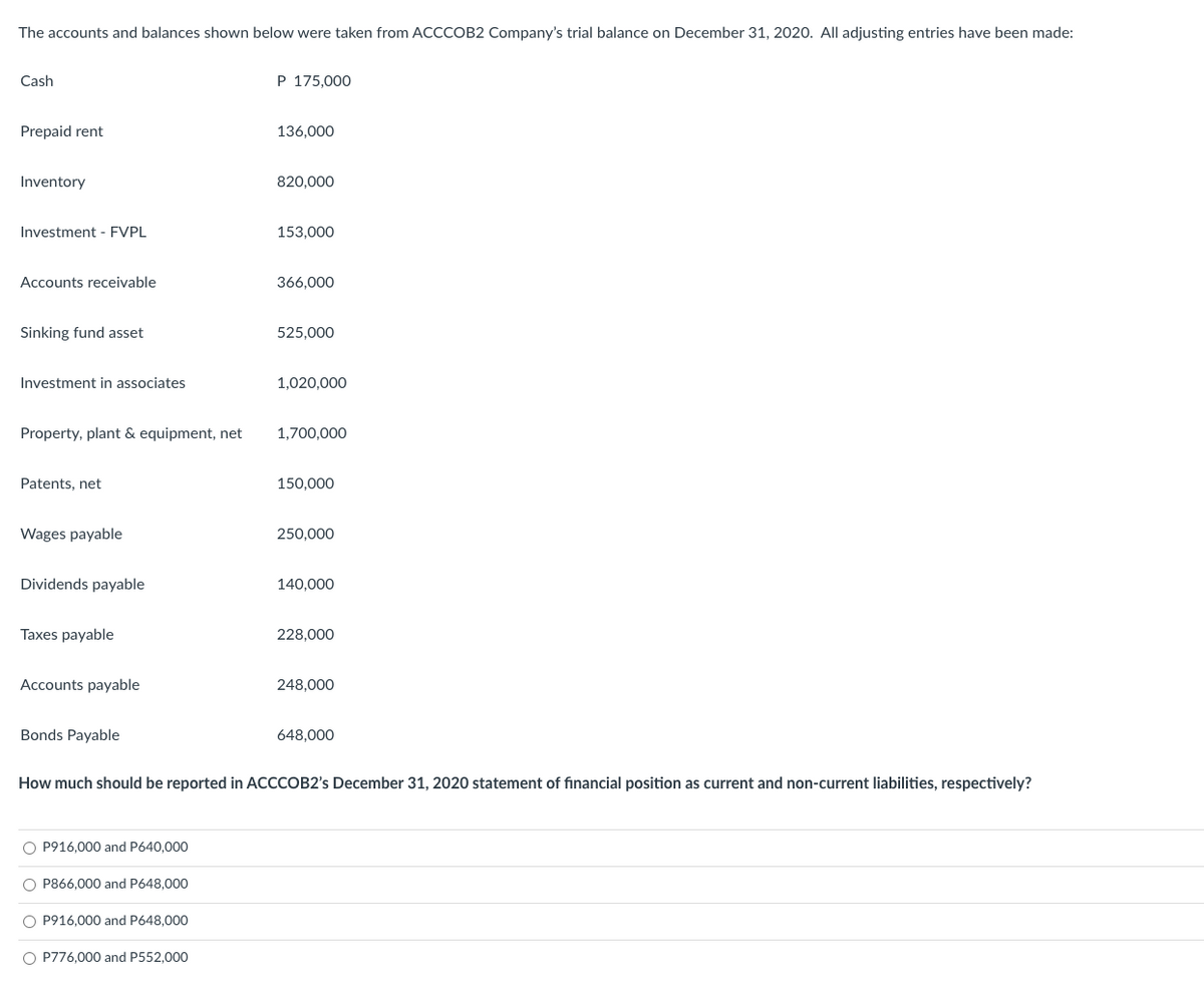 The accounts and balances shown below were taken from ACCCOB2 Company's trial balance on December 31, 2020. All adjusting entries have been made:
Cash
Prepaid rent
Inventory
Investment - FVPL
Accounts receivable
Sinking fund asset
Investment in associates
Property, plant & equipment, net
Patents, net
Wages payable
Dividends payable
Taxes payable
Accounts payable
Bonds Payable
O P916,000 and P640,000
O P866,000 and P648,000
P 175,000
O P916,000 and P648,000
O P776,000 and P552,000
136,000
820,000
153,000
366,000
525,000
1,020,000
1,700,000
150,000
250,000
140,000
228,000
How much should be reported in ACCCOB2's December 31, 2020 statement of financial position as current and non-current liabilities, respectively?
248,000
648,000