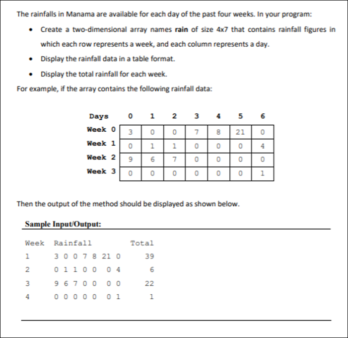 The rainfalls in Manama are available for each day of the past four weeks. In your program:
• Create a two-dimensional array names rain of size 4x7 that contains rainfall figures in
which each row represents a week, and each column represents a day.
• Display the rainfall data in a table format.
• Display the total rainfall for each week.
For example, if the array contains the following rainfall data:
Days
o 1 2 3
4 5 6
Week 0
3
7
21
Week 1
1
1
4
Week 2
7
Week 3 0
1
Then the output of the method should be displayed as shown below.
Sample Input/Output:
Week Rainfall
Total
1
30078 21 o
39
0 1100 0 4
9 6700 0 o
0 00 0 0 o 1
2
6
3
22
4
1
00
6.
