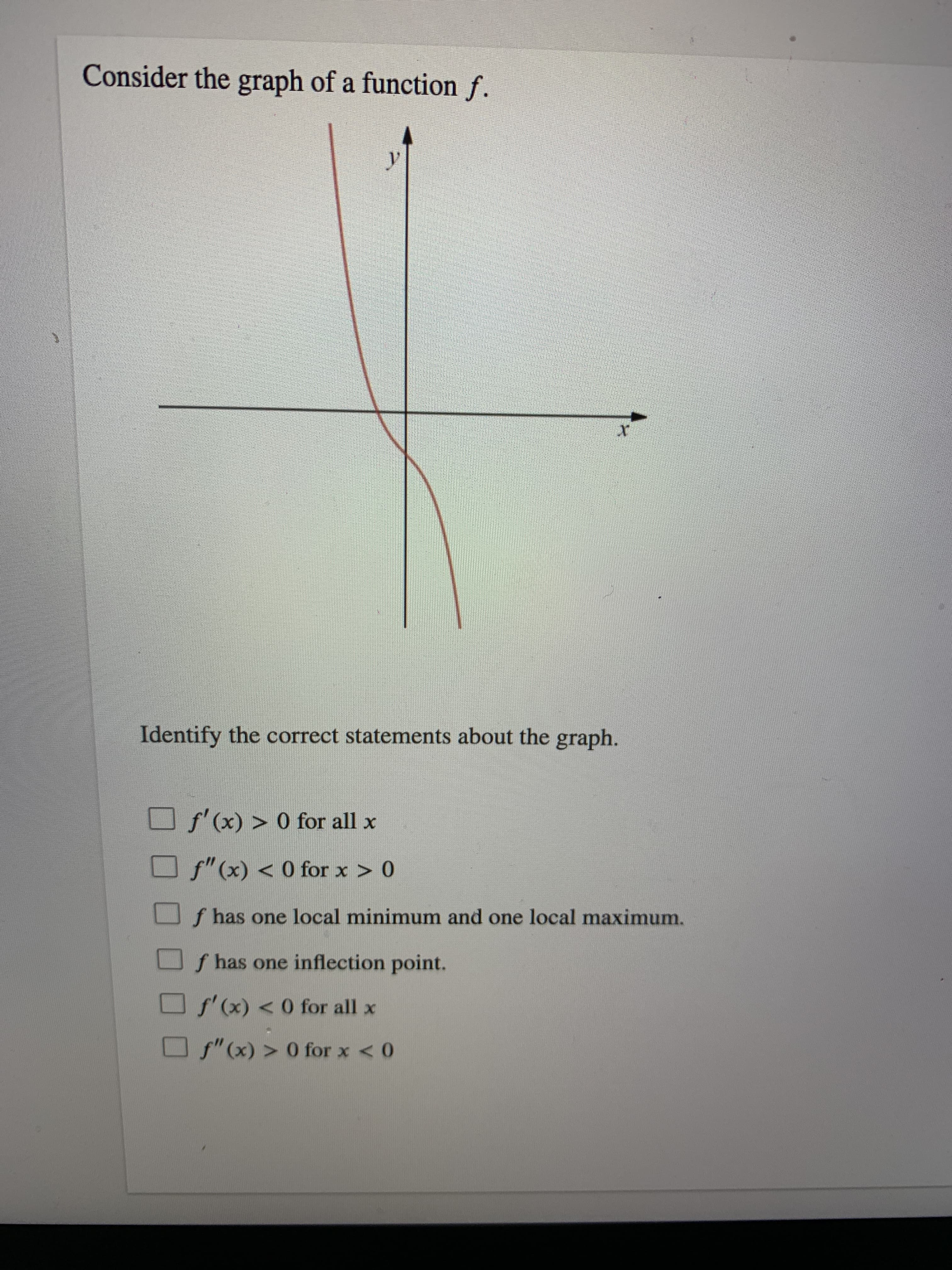 **Title: Analyzing the Graph of a Function**

**Consider the graph of a function \( f \).**

*Graph Description:*

The graph displayed is a depiction of a continuous function \( f(x) \) on a coordinate plane, with the horizontal axis labeled as \( x \) and the vertical axis labeled as \( y \). The curve starts from the upper left quadrant, passes through the y-axis, and moves towards the lower right quadrant, showing a decreasing trend throughout.

**Tasks: Identify the correct statements about the graph.**

- [ ] \( f'(x) > 0 \) for all \( x \)

- [ ] \( f''(x) < 0 \) for \( x > 0 \)

- [ ] \( f \) has one local minimum and one local maximum.

- [ ] \( f \) has one inflection point.

- [ ] \( f'(x) < 0 \) for all \( x \)

- [ ] \( f''(x) > 0 \) for \( x < 0 \)

*Instructions: Analyze the trend and properties of the graph to determine which statements are accurate.*