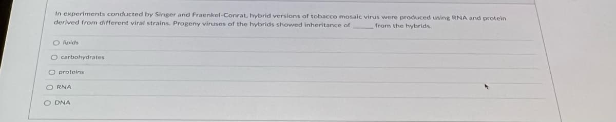 In experiments conducted by Singer and Fraenkel-Conrat, hybrid versions of tobacco mosaic virus were produced using RNA and protein
derived from different viral strains. Progeny viruses of the hybrids showed inheritance of
from the hybrids.
O lipids
O carbohydrates
O proteins
ORNA
O DNA