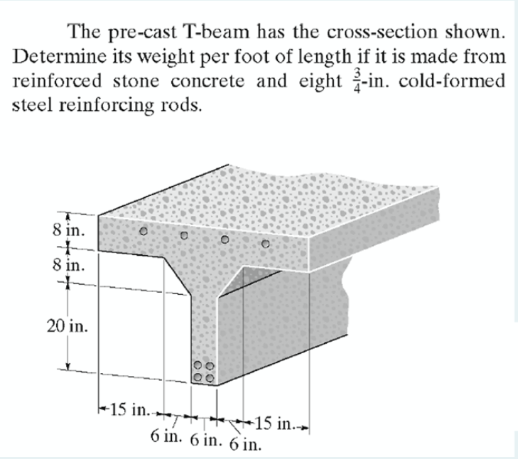 The pre-cast T-beam has the cross-section shown.
Determine its weight per foot of length if it is made from
reinforced stone concrete and eight -in. cold-formed
steel reinforcing rods.
8 in.
8 in.
20 in.
+15 in.-
*15 in.-
6 in. 6 in. 6 in.
