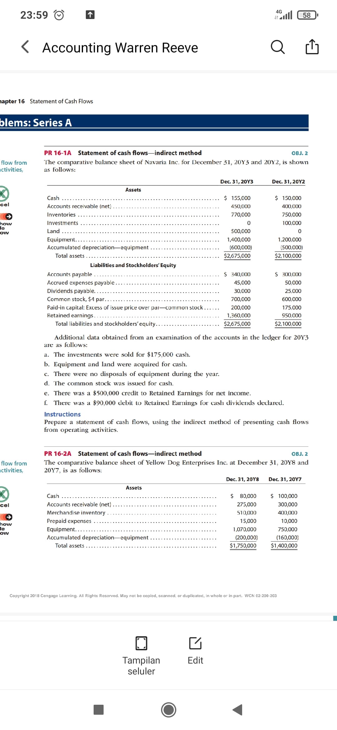 4G
23:59
58
K Accounting Warren Reeve
napter 16 Statement of Cash Flows
blems: Series A
PR 16-1A
Statement of cash flows-indirect method
OBJ. 2
The comparative balance sheet of Navaria Inc. for December 31, 20Y3 and 20Y2, is shown
as follows:
flow from
ctivities,
Dec. 31, 20Y3
Dec. 31, 20Y2
Assets
Cash
$ 155,000
$ 150,000
cel
Accounts receivable (net)
450,000
400,000
Inventories
770,000
750,000
how
le
Investments
100,000
Land ...
500,000
ow
Equipment..
1,400,000
1,200,000
Accumulated depreciation-equipment
(600,000)
(500,000)
Total assets
$2,675,000
$2,100,000
Liabilities and Stockholders' Equity
Accounts payable .
Accrued expenses payable .
Dividends payable.
Common stock, $4 par.….
$ 340,000
$ 300,000
45,000
50,000
30,000
25,000
700,000
600,000
Paid-in capital: Excess of issue price over par-common stock
Retained earnings.
200,000
175,000
1,360,000
950,000
Total liabilities and stockholders' equity..
$2,675,000
$2,100,000
Additional data obtained from an examination of the accounts in the ledger for 20Y3
are as follows:
a. The investments were sold for $175,000 cash.
b. Equipment and land were acquired for cash.
c. There were no disposals of equipment during the year.
d. The common stock was issued for cash.
e. There was a $500,000 credit to Retained Earnings for net income.
f. There was a $90,000 debit to Retained Earnings for cash dividends declared.
Instructions
Prepare a statement of cash flows, using the indirect method of presenting cash flows
from operating activities.
PR 16-2A Statement of cash flows-indirect method
OBJ. 2
The comparative balance sheet of Yellow Dog Enterprises Inc. at December 31, 20Y8 and
20Y7, is as follows:
flow from
activities,
Dec. 31, 20Y8
Dec. 31, 20Y7
Assets
Cash
$ 80,000
$ 100,000
cel
Accounts receivable (net)
275,000
300,000
Merchandise inventory
510,000
400,000
Prepaid expenses
15,000
10,000
how
le
ow
Equipment...
1,070,000
750,000
Accumulated depreciation-equipment .
(200,000)
(160,000)
Total assets
$1,750,000
$1,400,000
Copyright 2018 Cengage Learning. All Rights Reserved. May not be copied, scanned, or duplicated, in whole or in part. WCN 02-200-203
Edit
Tampilan
seluler
