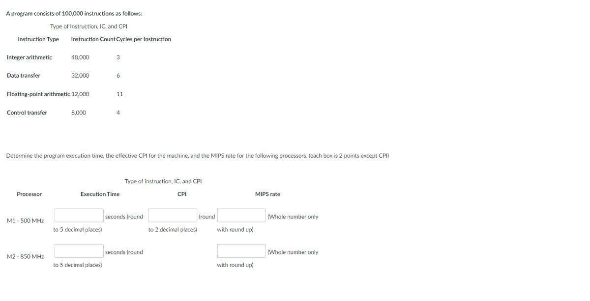 A program consists of 100,000 instructions as follows:
Type of Instruction, IC, and CPI
Instruction Type
Integer arithmetic
Data transfer
Control transfer
Floating-point arithmetic 12,000
Processor
Instruction Count Cycles per Instruction
M1 - 500 MHz
48,000
M2 850 MHz
32,000
8,000
Determine the program execution time, the effective CPI for the machine, and the MIPS rate for the following processors. (each box is 2 points except CPI)
3
to 5 decimal places)
6
to 5 decimal places)
11
4
Execution Time
Type of instruction, IC, and CPI
CPI
seconds (round
seconds (round
to 2 decimal places)
(round
with round up)
with round up)
MIPS rate
(Whole number only
(Whole number only