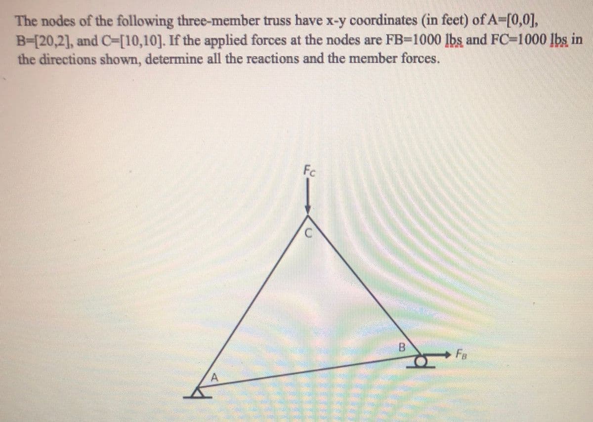 The nodes of the following three-member truss have x-y coordinates (in feet) of A-[0,0],
B-[20,2], and C3[10,10]. If the applied forces at the nodes are FB=1000 lbs and FC-1000 lbs in
the directions shown, determine all the reactions and the member forces.
Fc
C.
