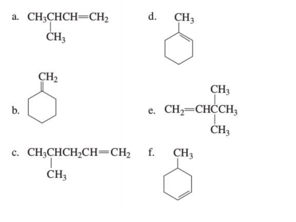 a. CH3CHCH=CH2
d.
CH3
ČH3
CH2
CH3
b.
e. CH2=CHĊCH3
CH3
c. CH;CHCH,CH=CH2
f.
CH3
CH3
