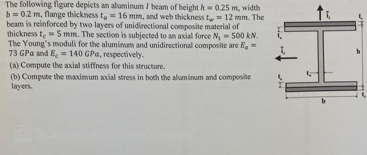 = 12 mm. The
The following figure depicts an aluminum I beam of height h = 0.25 m, width
b = 0.2 m, flange thickness ta = 16 mm, and web thickness tw
beam is reinforced by two layers of unidirectional composite material of
thickness to = 5 mm. The section is subjected to an axial force N₁ = 500 kN.
The Young's moduli for the aluminum and unidirectional composite are Ea
73 GPa and Ec 140 GPa, respectively.
=
(a) Compute the axial stiffness for this structure.
(b) Compute the maximum axial stress in both the aluminum and composite
layers.
CS Scanned with CamScanner
1₁
I
h
t₂
I
b
po