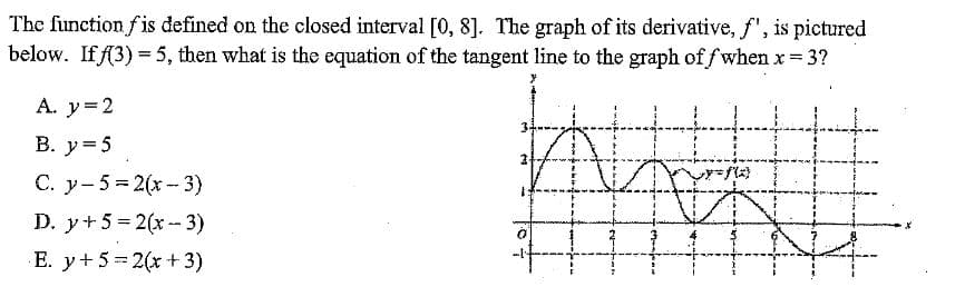 The function f is defined on the closed interval [0, 8]. The graph of its derivative, f", is pictured
below. If (3) = 5, then what is the equation of the tangent line to the graph of f when x = 3?
A. y=2
B. y 5
C. y-5 = 2(x - 3)
D. y+ 5 = 2(x - 3)
E. y+ 5 = 2(x+3)
