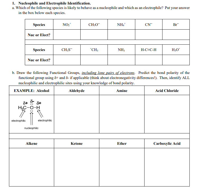 1. Nucleophile and Electrophile Identification
a. Which of the following species is likely to behave as a
in the box below each species.
electrophile? Put your answer
nucleophile and which as an
CH3O
NH4
NO2
Species
CN
Br
Nuc or Elect?
CH
H-C C-H
НО"
Species
CH3S
NH3
Nuc or Elect?
b. Draw the following Functional Groups, including lone pairs of electrons. Predict the bond polarity of the
functional group using S+ and &- if applicable (think about electronegativity differences!). Then, identify ALL
nucleophilic and electrophilic sites using your knowledge of bond polarity.
EXAMPLE: Alcohol
Aldehyde
Amine
Acid Chloride
Hас-о-н
electrophilic
electrophilic
nucleophilic
Alkene
Ketone
Ether
Carboxylic Acid
