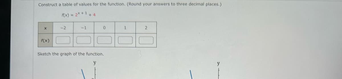 Construct a table of values for the function. (Round your answers to three decimal places.)
f(x) = 2x + 1 + 4
X
f(x)
-2
-1
0
Sketch the graph of the function.
y
1
2
y