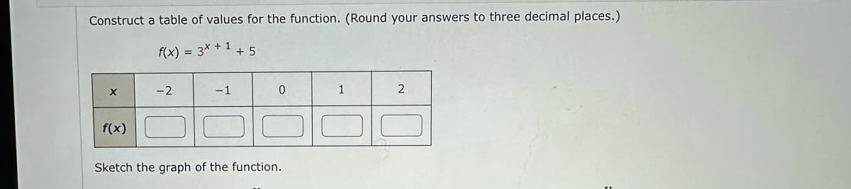 Construct a table of values for the function. (Round your answers to three decimal places.)
f(x) = 3x + 1
X
f(x)
-2
-1
+5
0
Sketch the graph of the function.
1
2