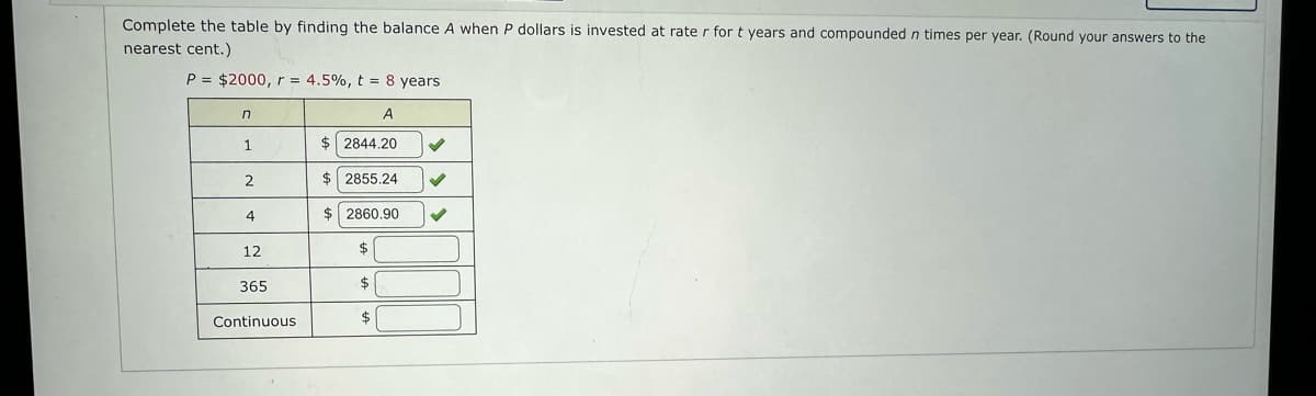 Complete the table by finding the balance A when P dollars is invested at rate r for t years and compounded n times per year. (Round your answers to the
nearest cent.)
P = $2000, r = 4.5%, t = 8 years
A
$ 2844.20
✓
$ 2855.24 ✓
✓
n
1
2
4
12
365
Continuous
$2860.90
$
$
$