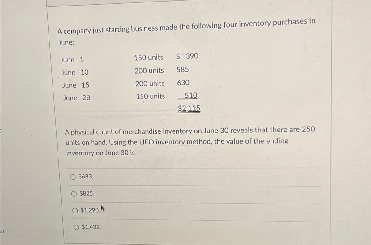 er
A company just starting business made the following four inventory purchases in
June:
June 1
150 units $ 390
June 10
200 units 585
June 15
200 units
630
June 28
150 units
510
$2,115
A physical count of merchandise inventory on June 30 reveals that there are 250
units on hand. Using the LIFO inventory method, the value of the ending
inventory on June 30 is
$683.
$825.
○ $1,290.
$1,432.